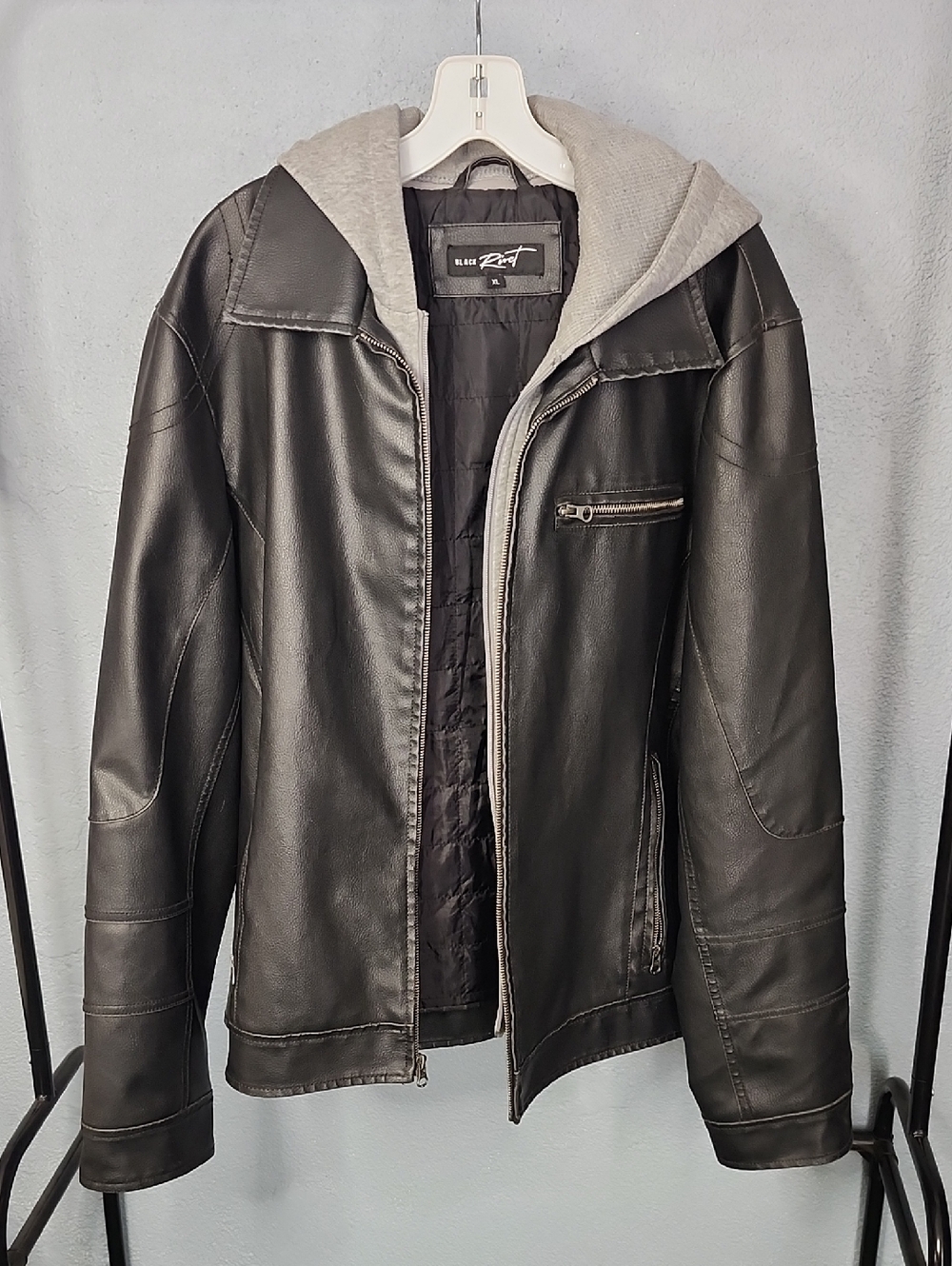 Black Rivet Black Faux Leather Bomber with Gray Hood
